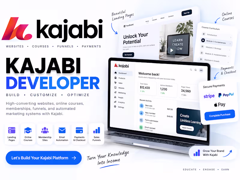 Cover image for Kajabi Developer | Websites, Courses, Funnels & Automations