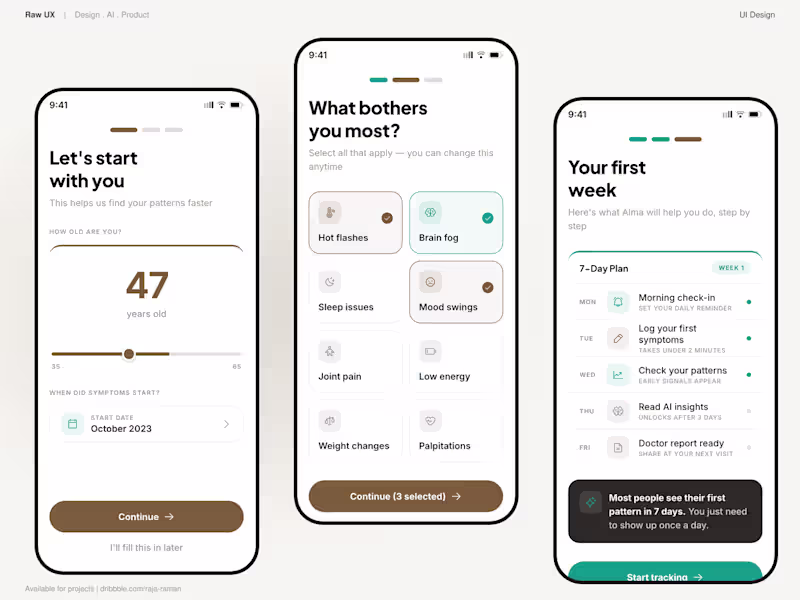 Cover image for Alma - onboarding flow. 3-step health app setup.