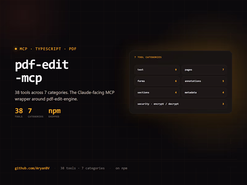 Cover image for Shipped pdf-edit-mcp. 38 tools across
