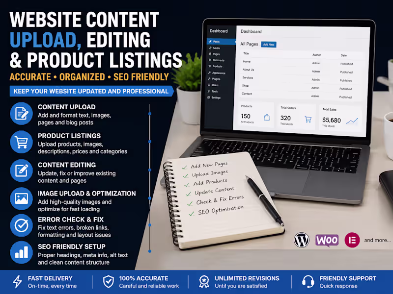 Cover image for Website Content Upload, Editing and Product Listings