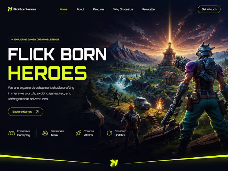 Cover image for Flick Born Heroes is a gaming-themed landing page built in W...