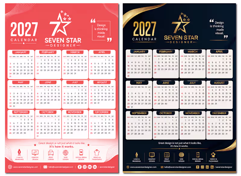 Cover image for 2027 Seven Star Designer Coral Calendar – Modern Creative Graphi
