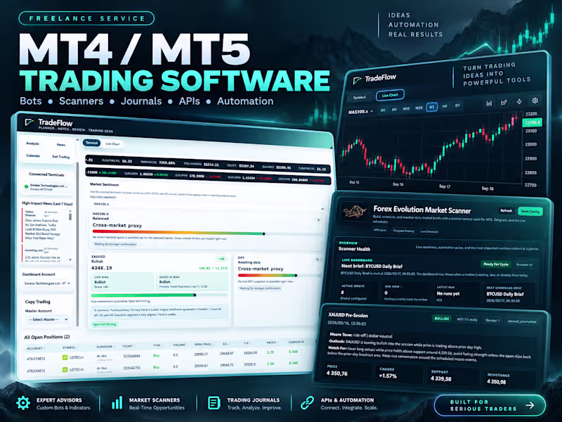 Cover image for I will build or improve MT4/MT5 trading tools and integrations