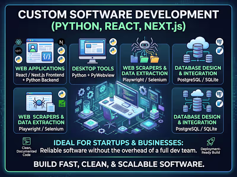 Cover image for Custom Software Development (Python, React, Next.js)