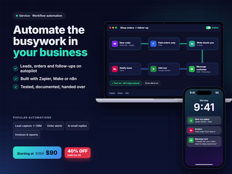 Cover image for Workflow Automation with Zapier, Make or n8n | 40% OFF