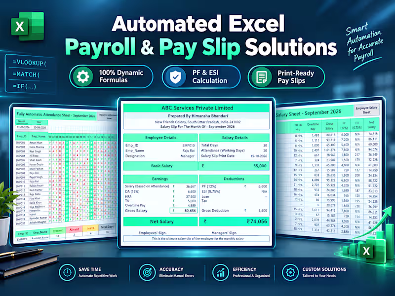 Cover image for Automated Excel Payroll, Salary Sheet & Pay Slip Solutions