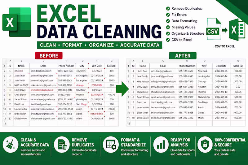 Cover image for I will clean, format, and organize your Excel spreadsheets