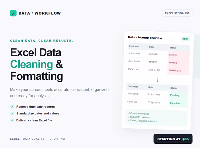 Cover image for Excel Data Cleaning & Formatting | Remove Duplicates, Fix Errors