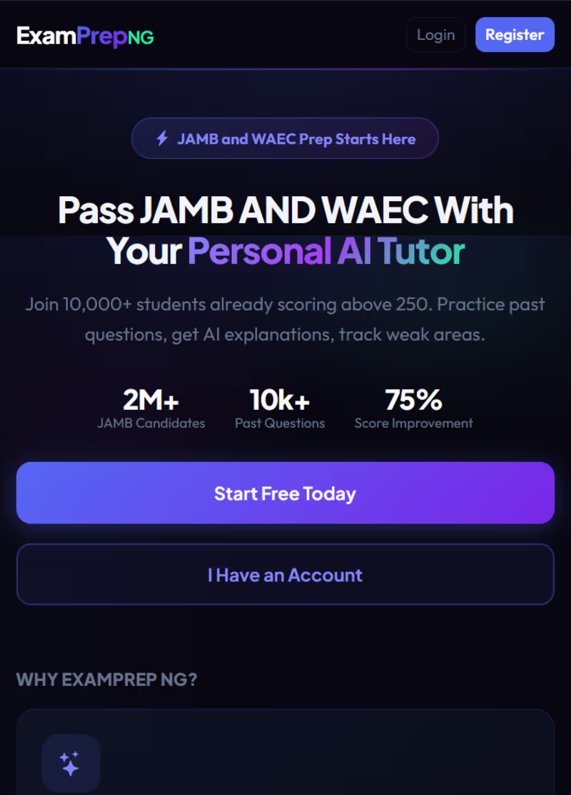 Cover image for ExamPrep NG — AI JAMB & WAEC Prep SaaS