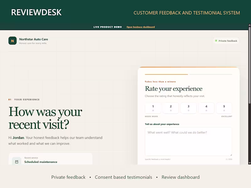 Cover image for ReviewDesk: Feedback & Testimonial System Setup