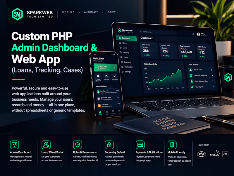 Cover image for Custom PHP Admin Dashboard & Web App (Loans, Tracking, Cases)