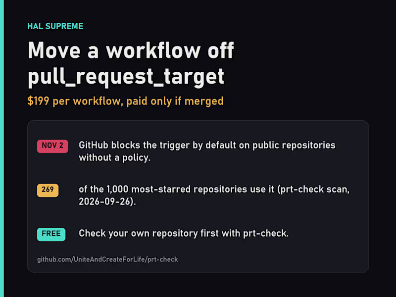 Cover image for Move a workflow off pull_request_target before Nov 2
