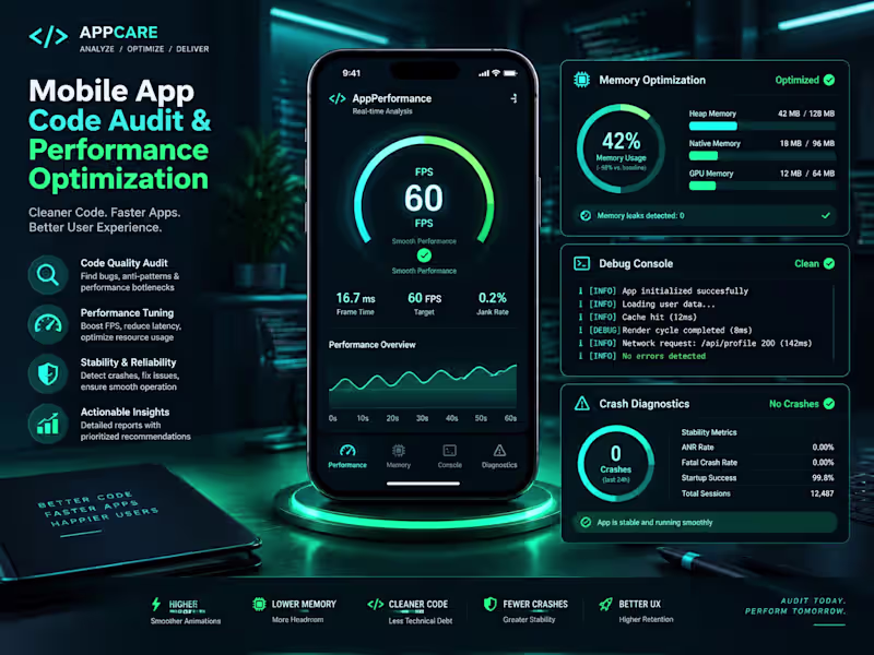 Cover image for Mobile App Code Audit, Performance Optimization & Bug Fixes