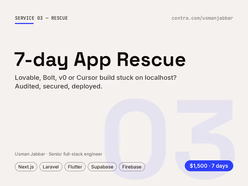 Cover image for 7-day App Rescue: fix your AI-built or stalled codebase