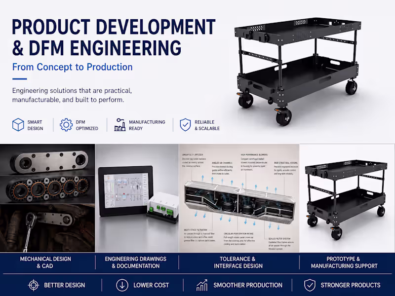 Cover image for Product Development & Engineering | DFM | Manufacturing Support 