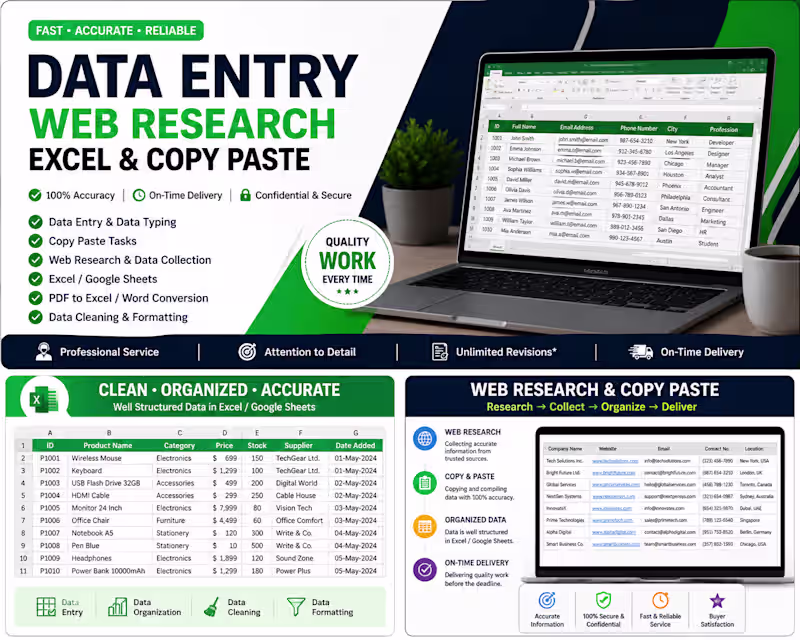 Cover image for Data Entry, Web Research & Excel Data Management