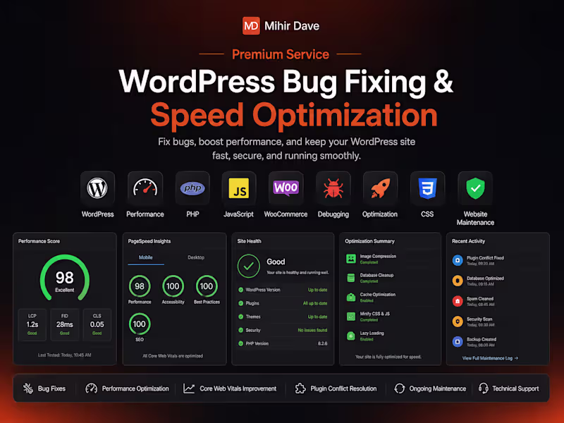 Cover image for WordPress Bug Fixing, Speed Optimization & Maintenance