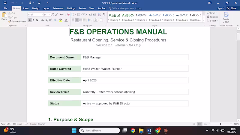 Cover image for F&B Operations Manual — restaurant