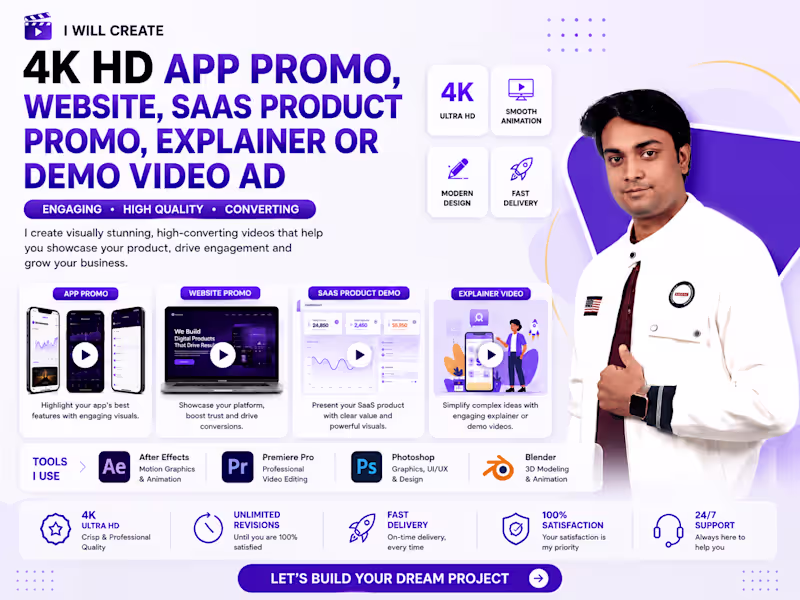 Cover image for I will create 4k HD app promo, website, saas product promo.