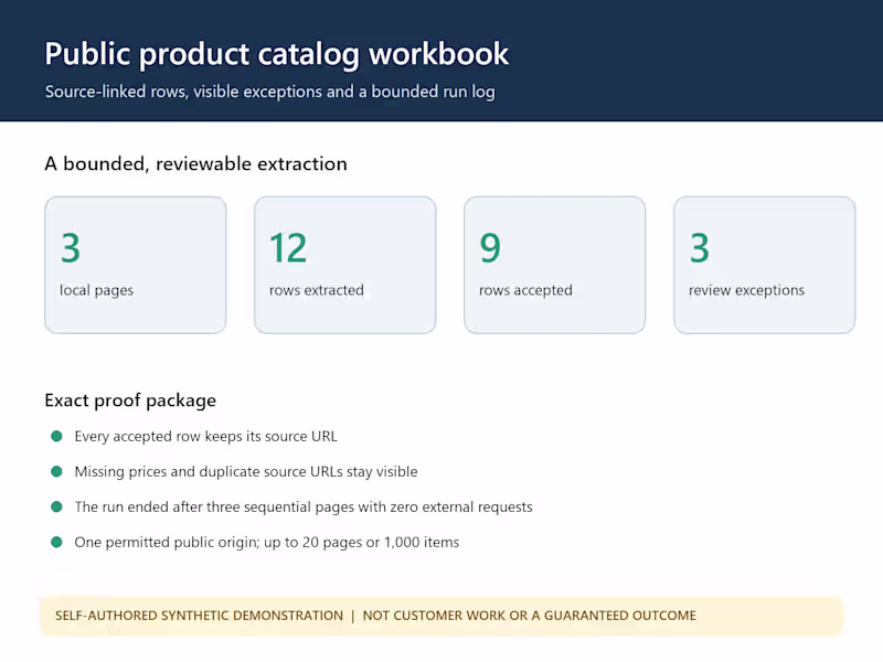 Cover image for extract a bounded public catalog into a source-linked Excel file