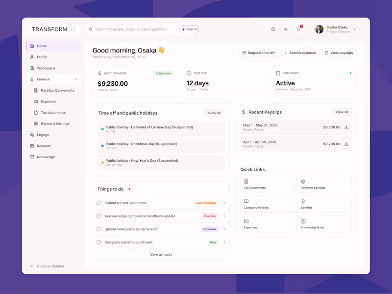 Cover image for Quick UX Review → Result for @Deel dashboard I took an exist...