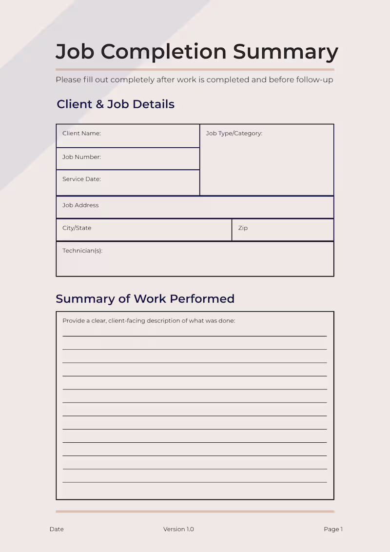 Cover image for Job Completion Summary Worksheet (Sample)