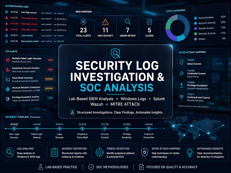 Cover image for SIEM Log Investigation | Splunk · Wazuh · MITRE ATT&CK