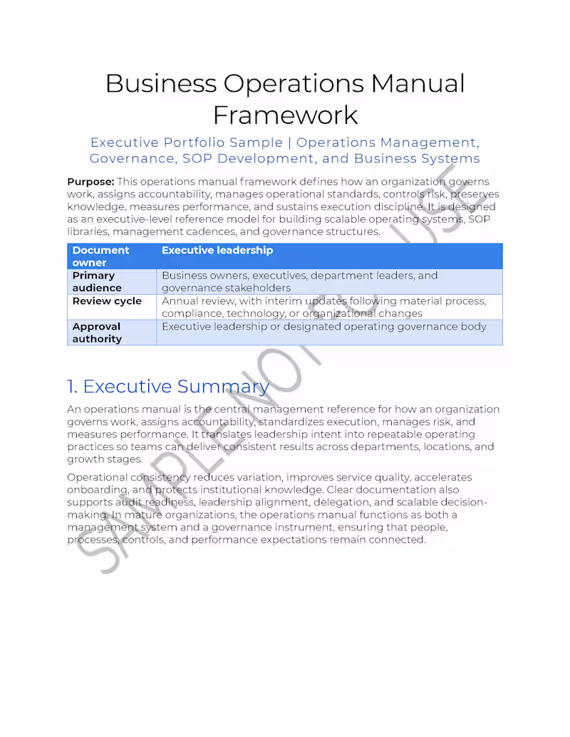 Cover image for This is a sample of a Business Operations Manual Framework D...