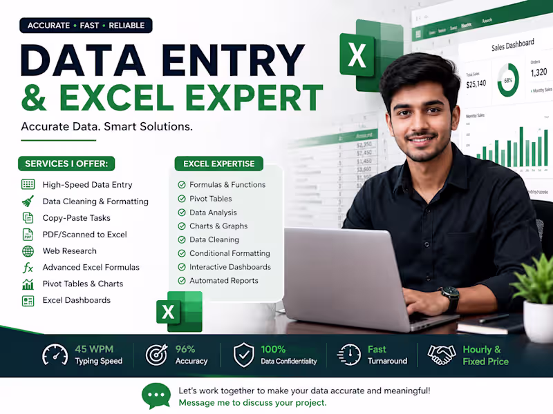 Cover image for Professional Data Entry & Data Cleaning and Excel Dashboard 