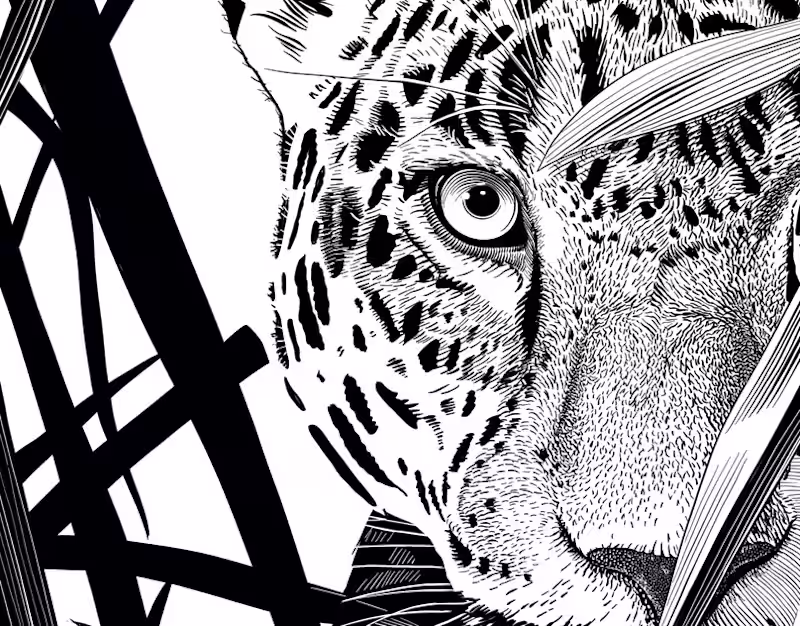 Cover image for Leopard in Reeds — Black‑and‑White Engraving