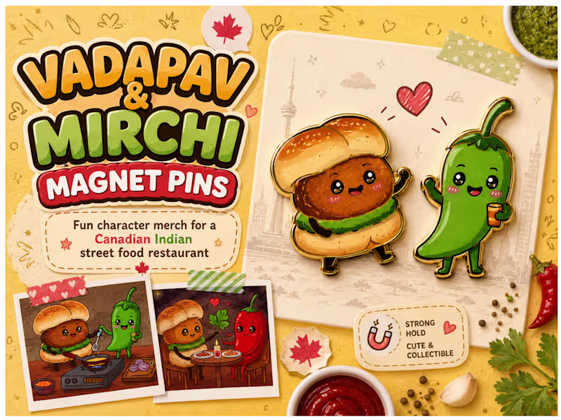 Cover image for Custom Magnet Pin Designs - Vadapav & Mirchi