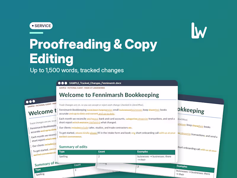Cover image for Proofreading & Copy Editing | Business Docs, Tracked Changes
