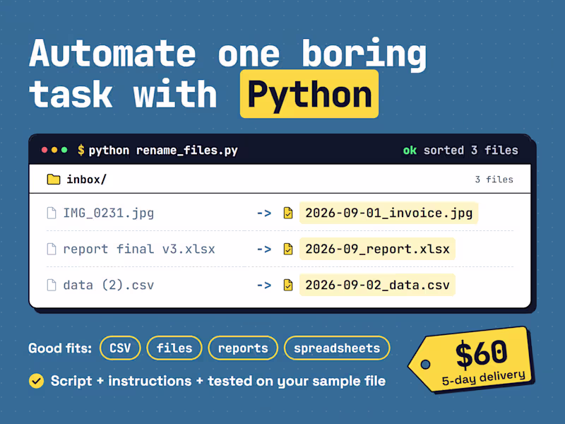 Cover image for I will automate a repetitive data or file task with Python