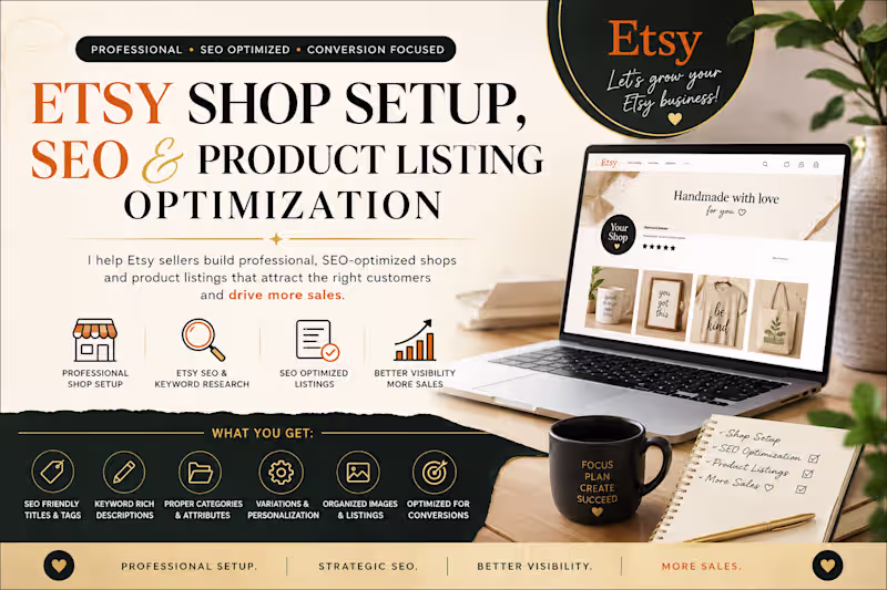 Cover image for Etsy Shop Setup, Product Listing and Search Engine Optimization