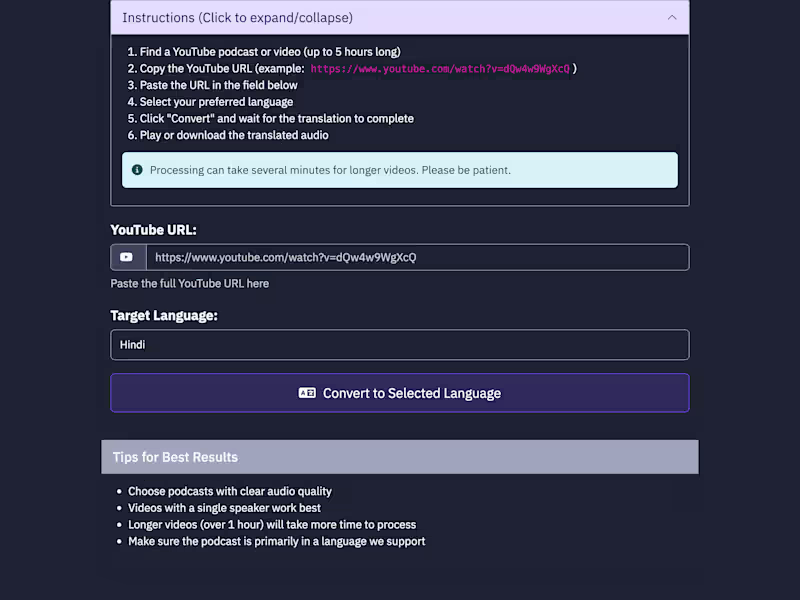Cover image for YouTube Podcast Translator — language access without platfor...