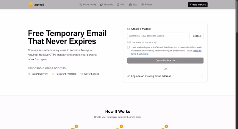Cover image for ZapMail ,permanent disposable email SaaS.