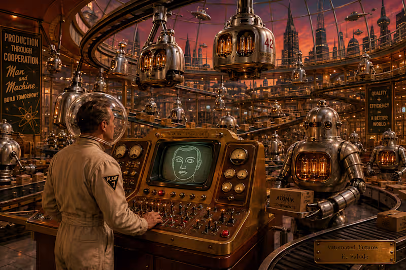 Cover image for A retrofuturist factory atrium in
