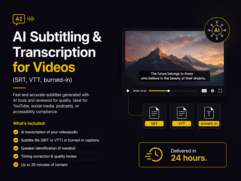 Cover image for AI Subtitling & Transcription for Videos (SRT, VTT, burned-in)