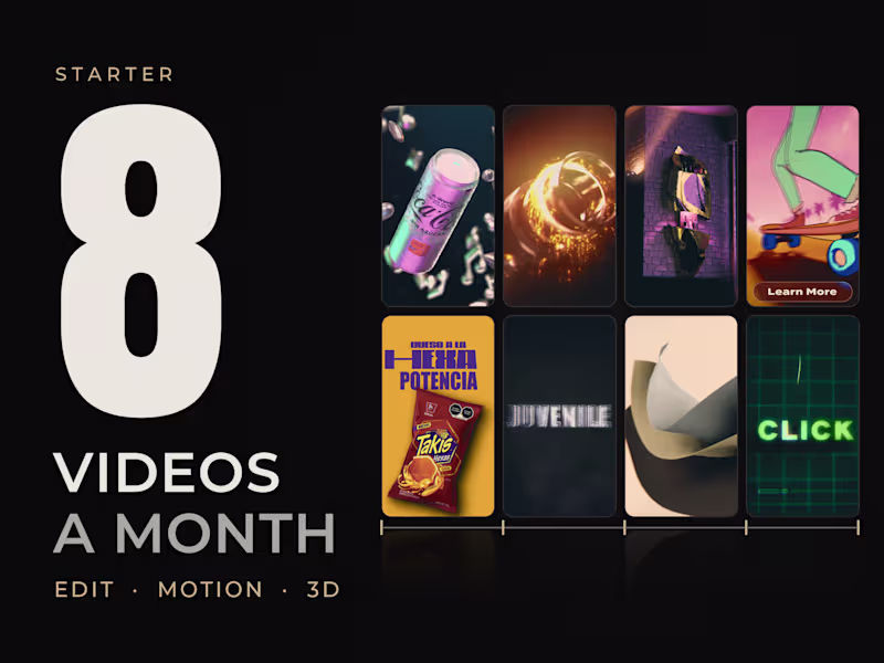 Cover image for Monthly Video Editing, Motion & 3D for Brands: 8 Videos