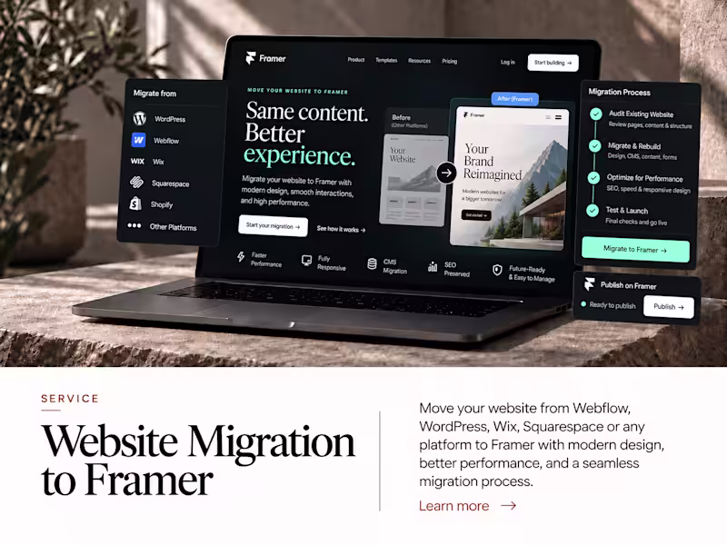 Cover image for Website Migration to Framer — Webflow, WordPress & Existing Site