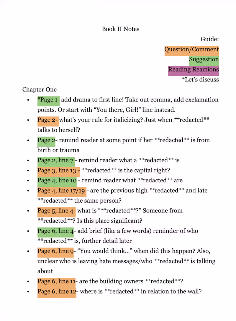 Cover image for Sample of notes from a fantasy manuscript developmental edit