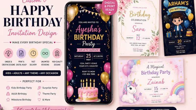 Cover image for Custom Happy Birthday Invitation Card Design