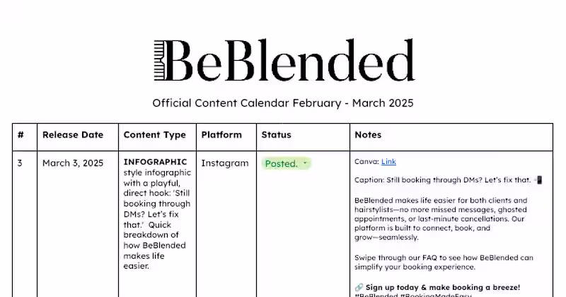 Cover image for BEBLENDED CONTENT CALENDAR SAMPLE.