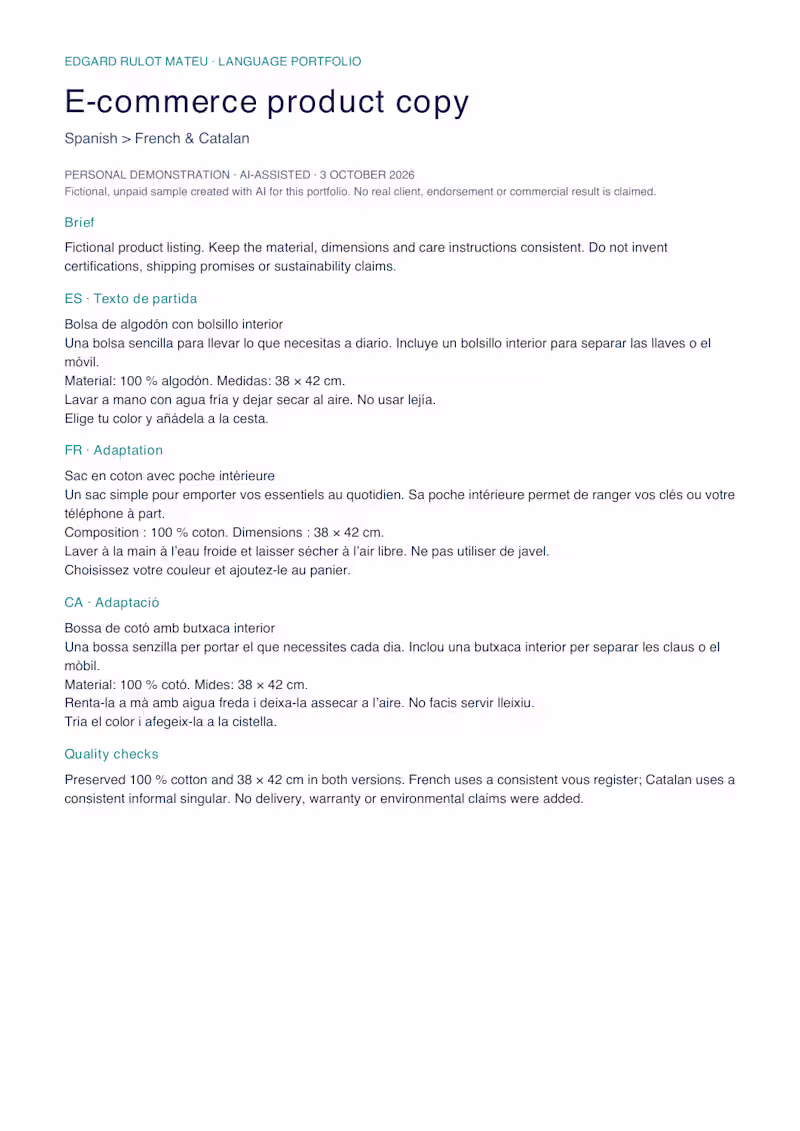 Cover image for E-commerce translation ES–FR–CA | AI-assisted demo