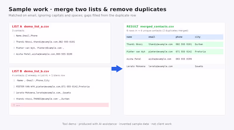 Cover image for Sample work: Merge & de-duplicate demo