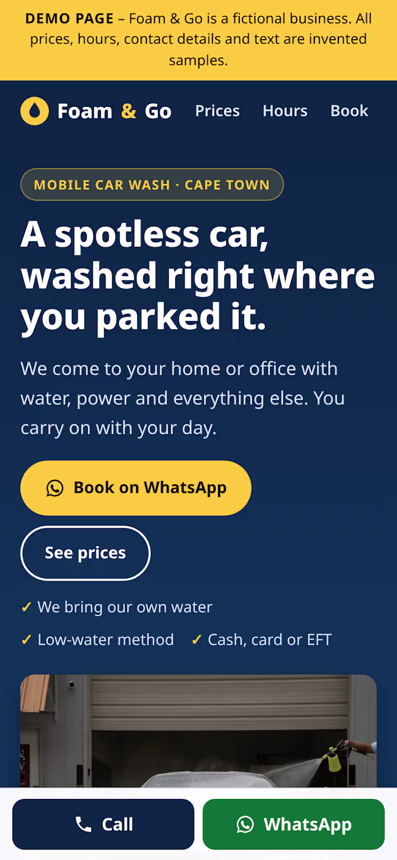 Cover image for Concept project: Foam & Go Mobile Car Wash (demo landing page)