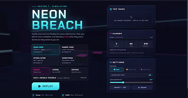 Cover image for NEON BREACH – 3D Arena Shooter in React + Three.js