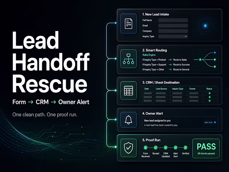 Cover image for Lead handoff rescue for forms, CRMs, Sheets, and alerts