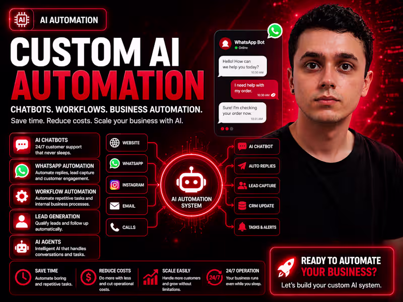 Cover image for Custom AI Automation for Business (Chatbots, Support, Workflows)