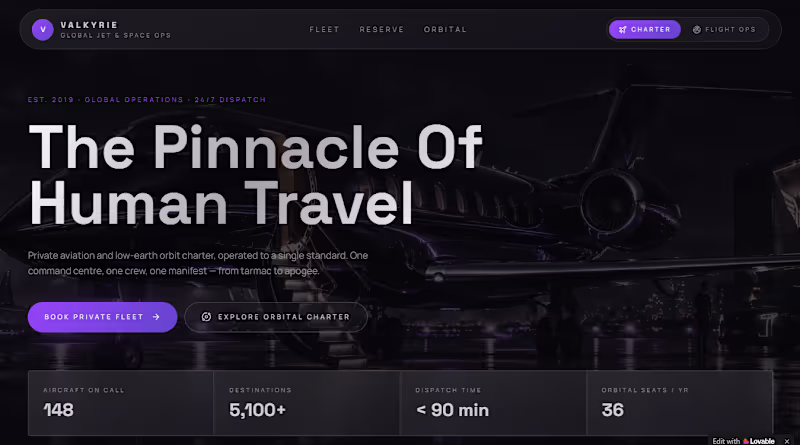 Cover image for VALKYRIE: Private Jet and Orbital Space Charter Platform